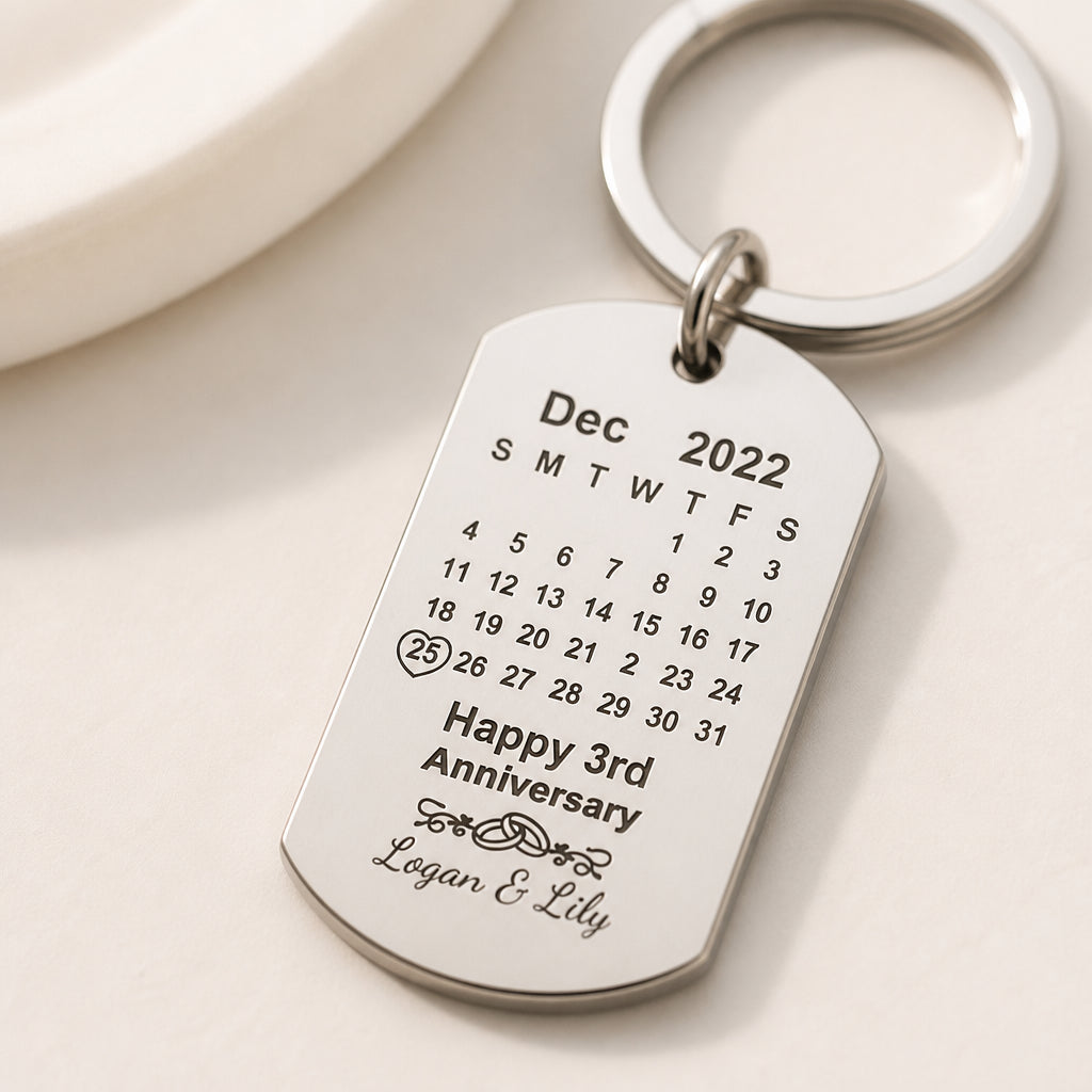 Custom Photo and Calendar Engraved Keychain · Macro Close-Up: Custom Engraving Detail