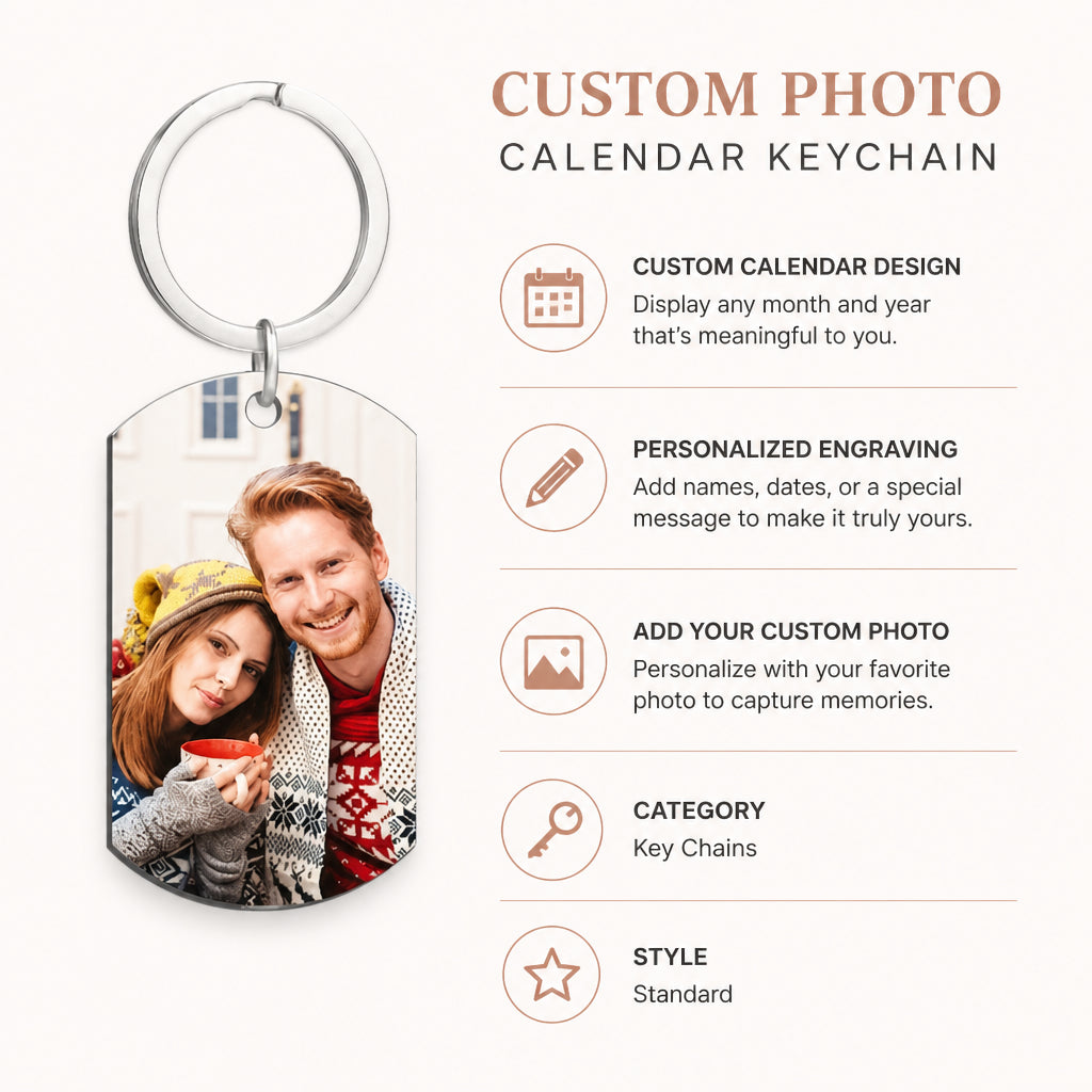Custom Photo and Calendar Engraved Keychain · Specifications Infographic: Key Features
