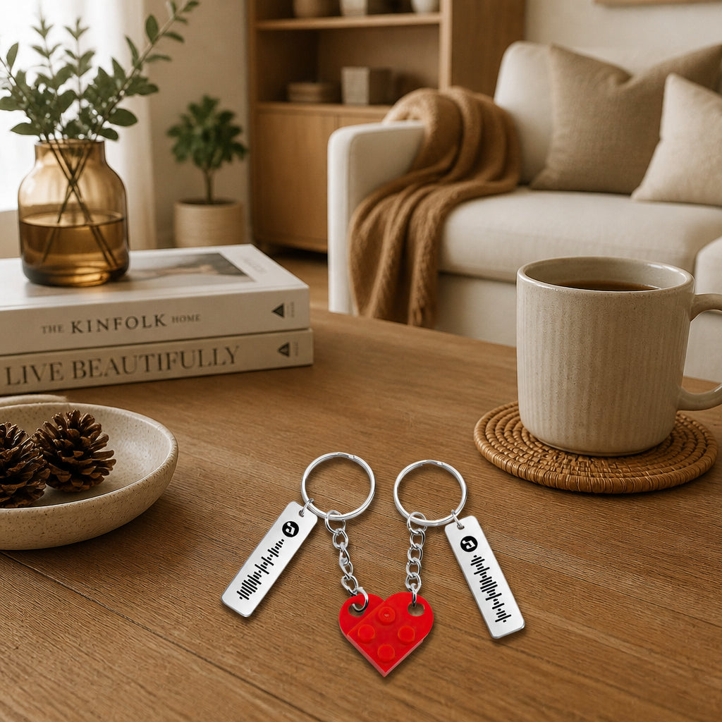 Heart Brick Music Code Couples Set Keychain · Keychain in Everyday Living Room Scene
