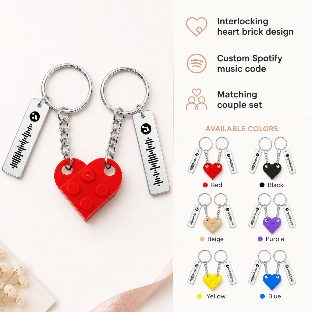 Heart Brick Music Code Couples Set Keychain · Key Features and Options Infographic