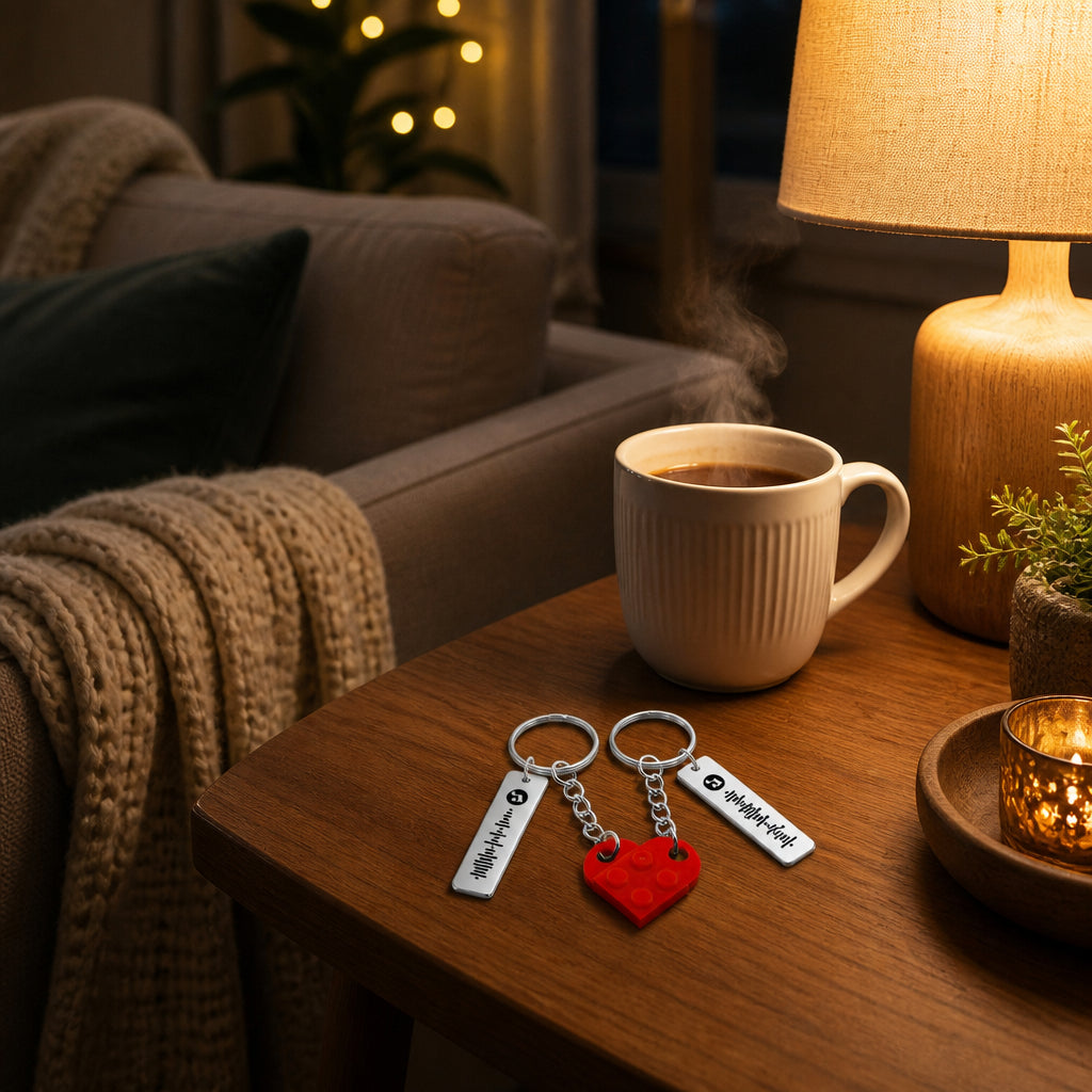 Heart Brick Music Code Couples Set Keychain · Evening Living Room Scene with Keychain