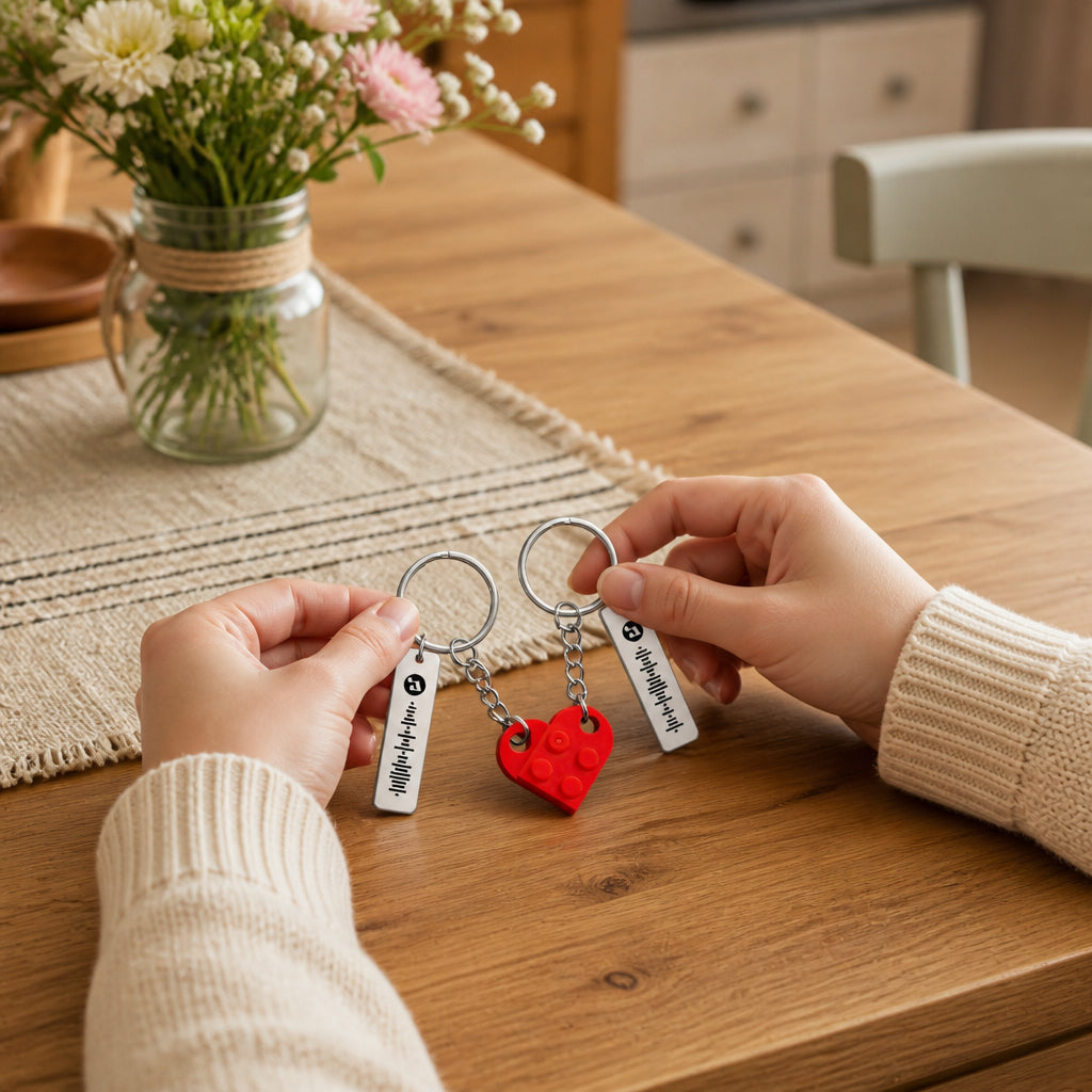 Heart Brick Music Code Couples Set Keychain · Hands Interacting with Keychain at Table