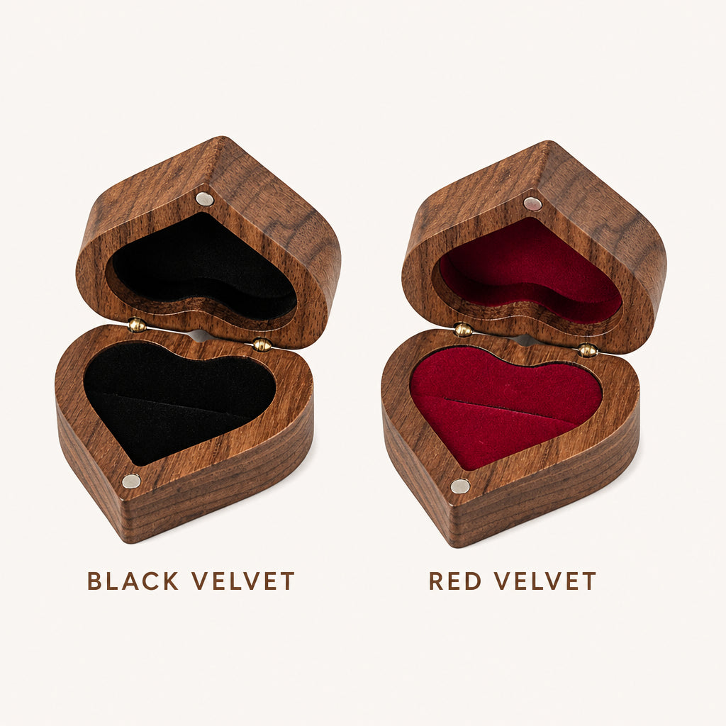 Engraved Wooden Heart Ring Box · Color Variants: Black Velvet & Red Velvet