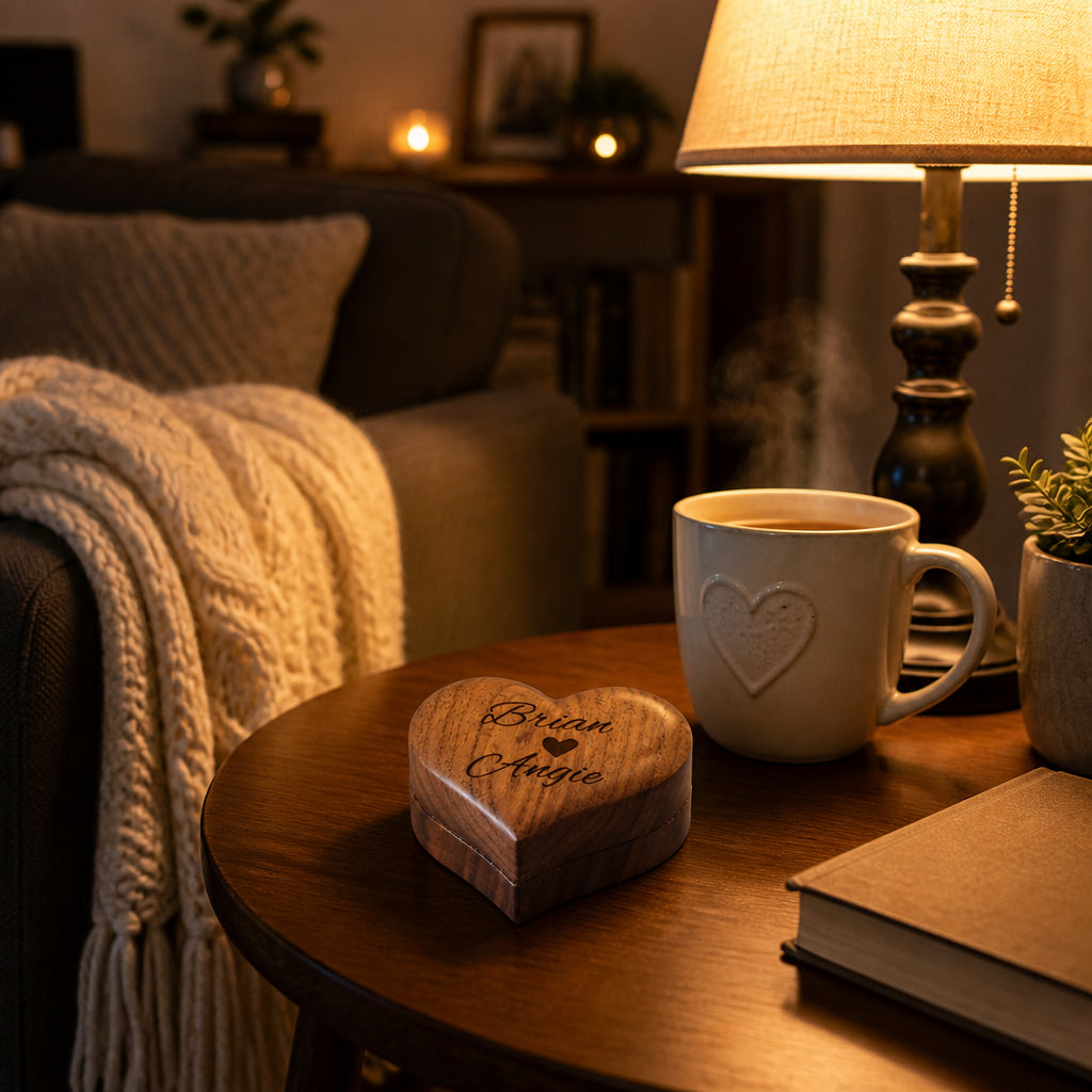 Engraved Wooden Heart Ring Box · Evening Living Room Scene with Ring Box