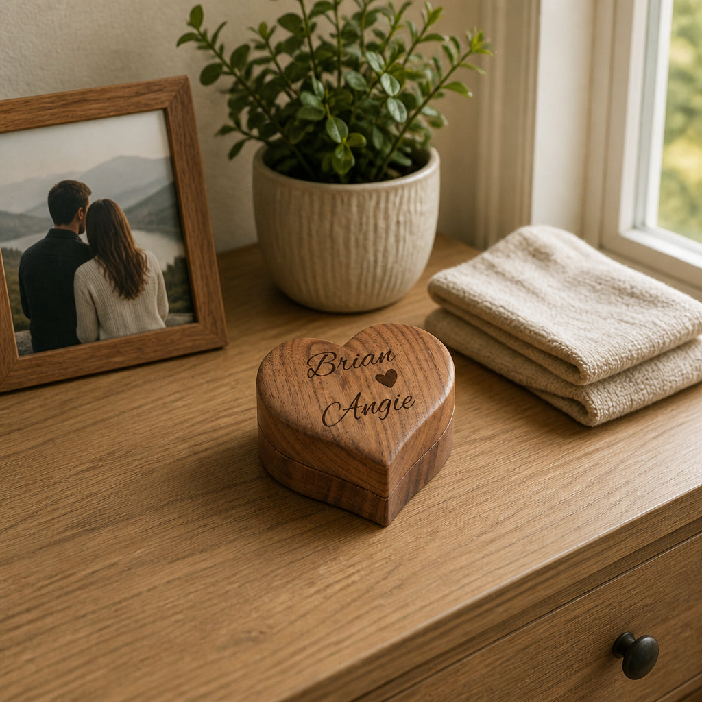 Engraved Wooden Heart Ring Box · Bedroom Dresser Scene with Ring Box