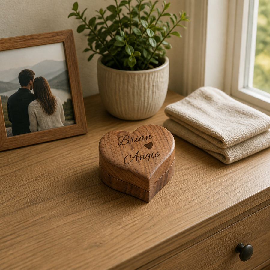 Engraved Wooden Heart Ring Box