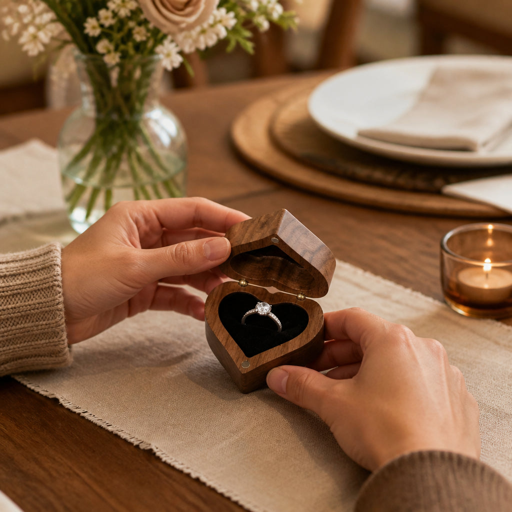 Engraved Wooden Heart Ring Box · Hands Interacting with Ring Box at Dining Table