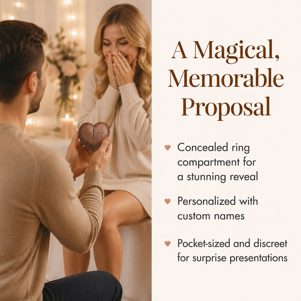 Wooden Heart Shaped Double Ring Box · Split Layout: Surprise Proposal Benefit