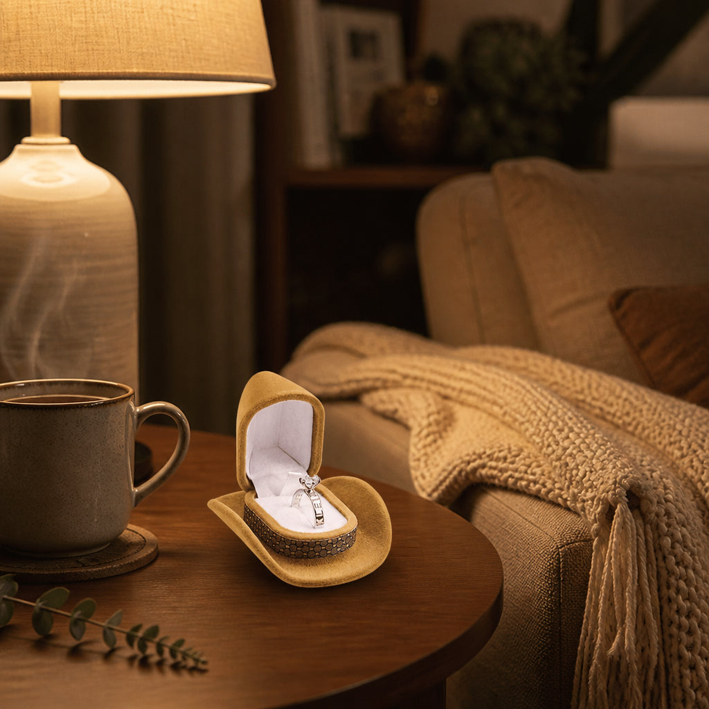 Cowboy Hat Ring Box · Evening Living Room Lifestyle Scene