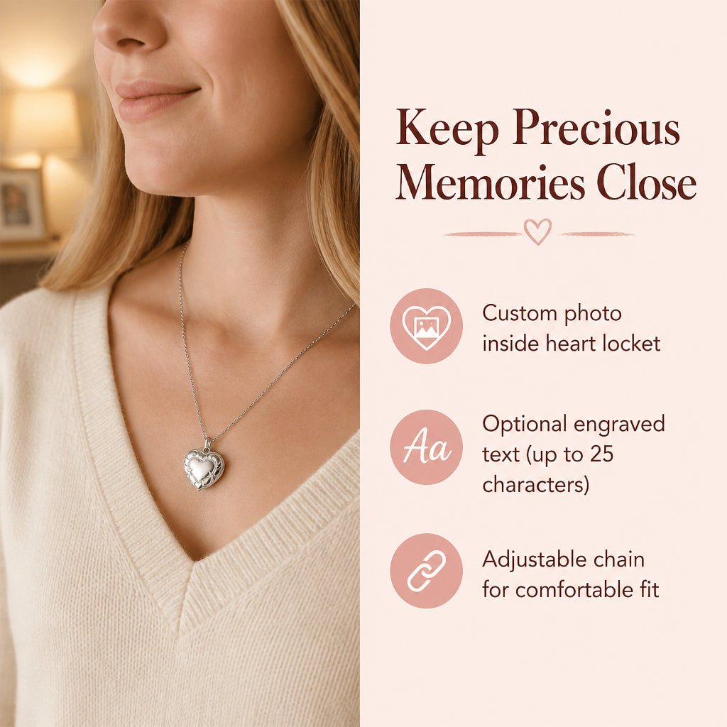 Embossed Heart Photo Locket Necklace · Keepsake Benefit Split Layout