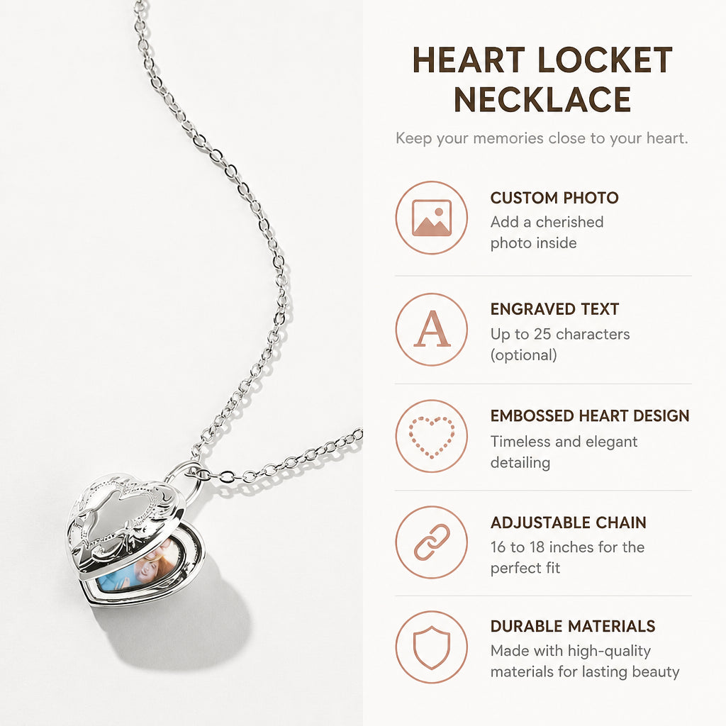 Embossed Heart Photo Locket Necklace · Product Specifications Infographic