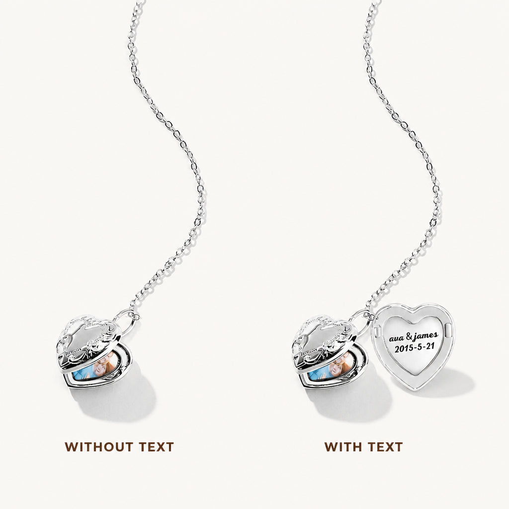 Embossed Heart Photo Locket Necklace · Variant Grid: With and Without Engraved Text
