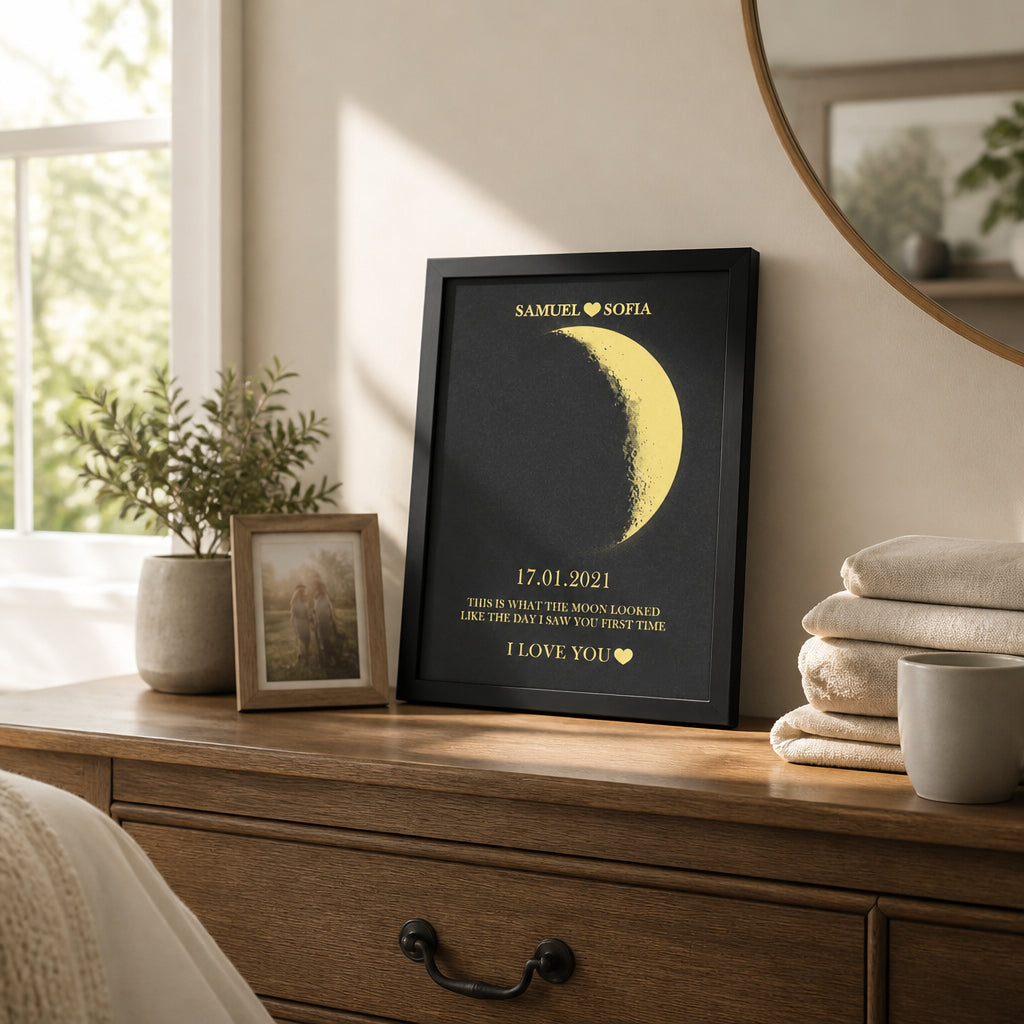 Moon Phase Framed Wall Art · Bedroom Dresser Morning Lifestyle Scene