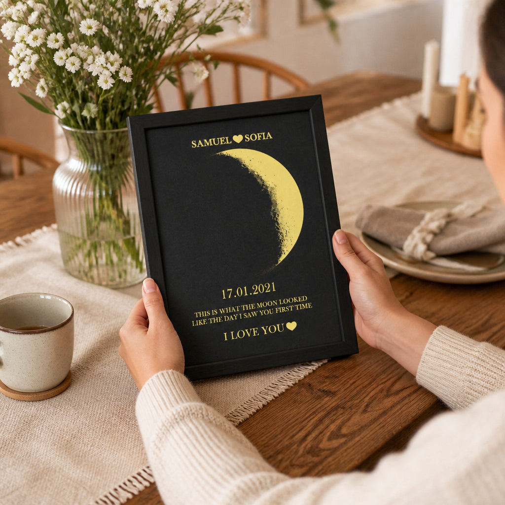 Moon Phase Framed Wall Art · Hands Interacting at Dining Table Lifestyle Scene