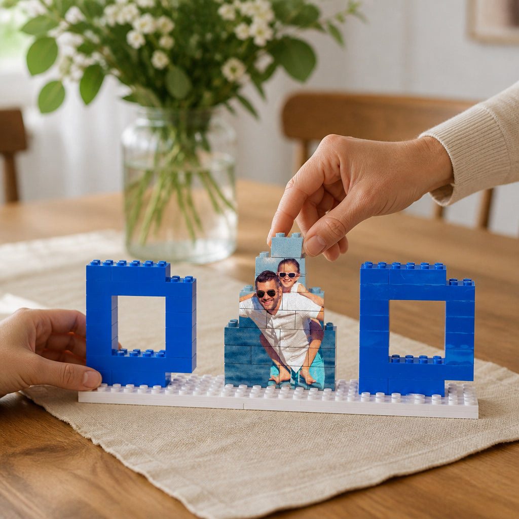 Custom Photo Block Puzzle for Dad · Hands Interacting with Product at Table