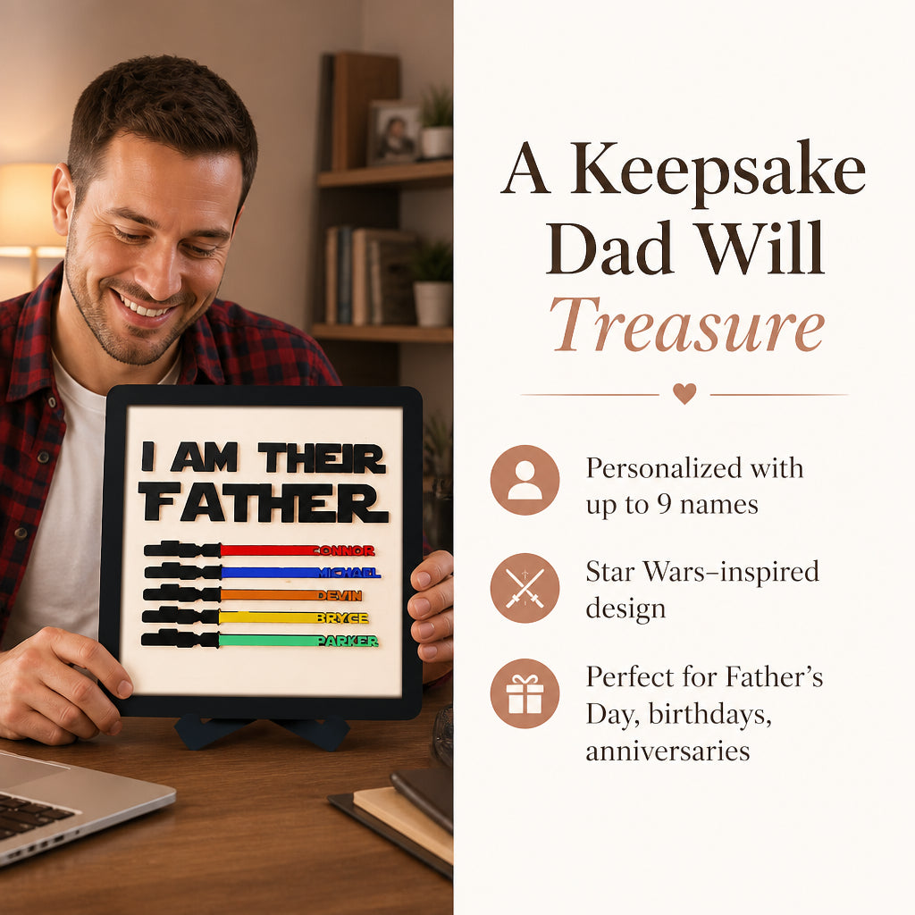 Personalized Wooden Lightsaber Plaque – I Am Their Father · Split Layout: Gift Benefit Callout