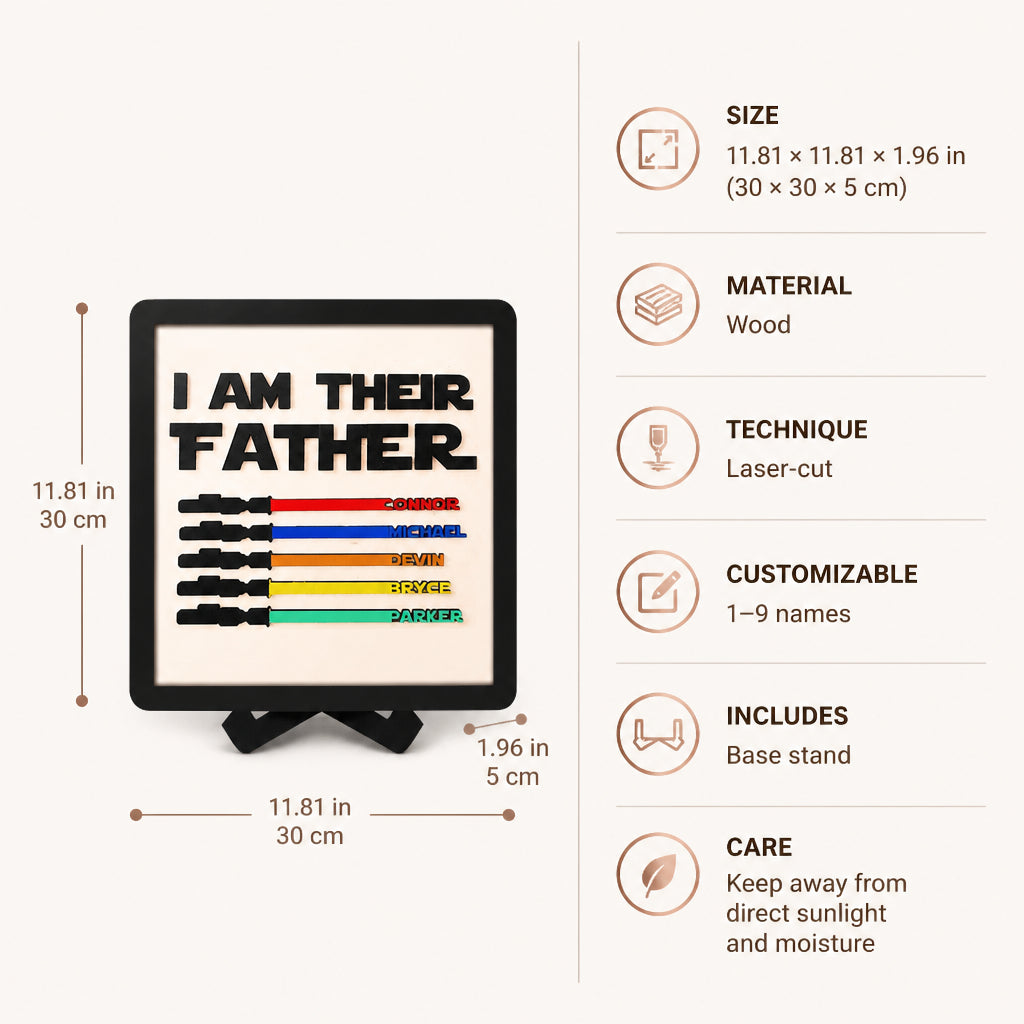 Personalized Wooden Lightsaber Plaque – I Am Their Father · Product Specs and Dimensions Infographic