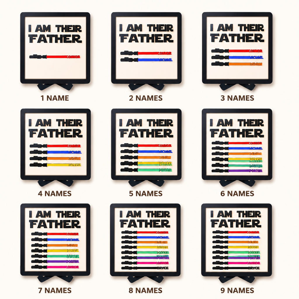 Personalized Wooden Lightsaber Plaque – I Am Their Father · All Name Variants Grid Showcase