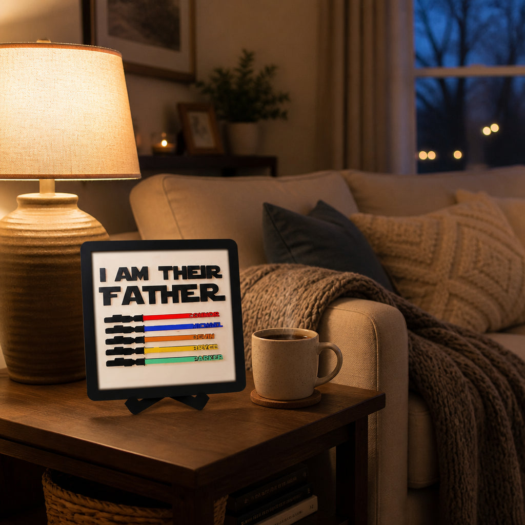 Personalized Wooden Lightsaber Plaque – I Am Their Father · Evening Living Room Lifestyle Scene