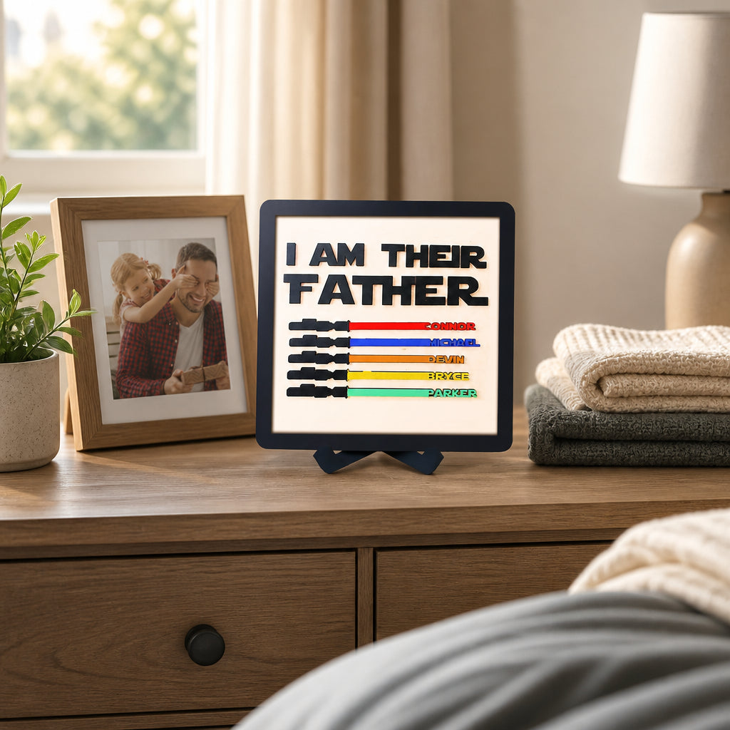 Personalized Wooden Lightsaber Plaque – I Am Their Father · Bedroom Dresser Lifestyle Scene