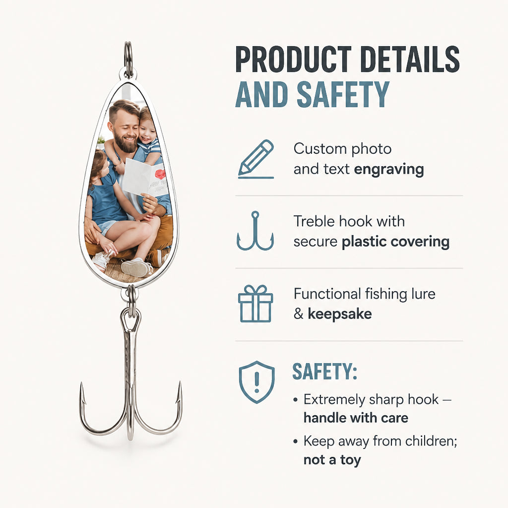 Personalized Engraved Fishing Lure · Product Details and Safety Infographic