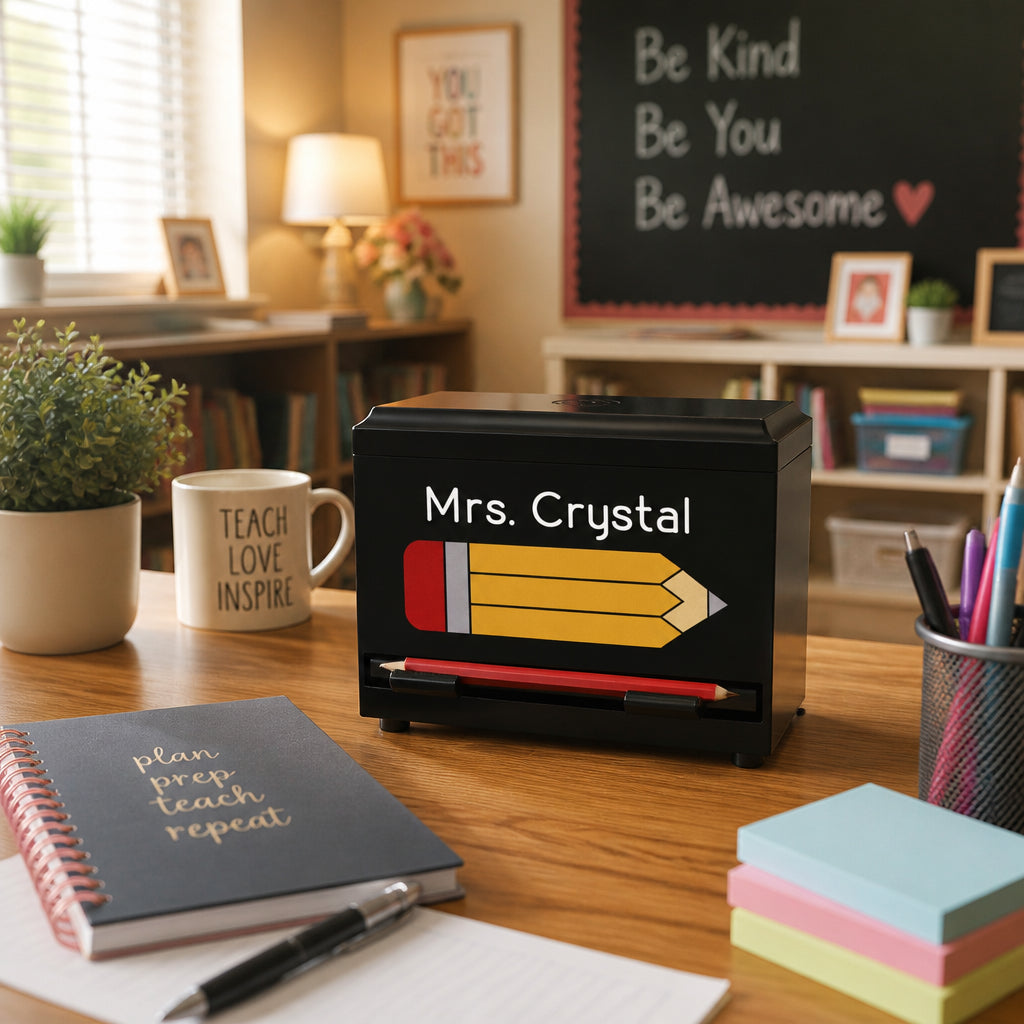 Personalized Pencil Dispenser for Teachers · Teacher's Desk In-Use Scene
