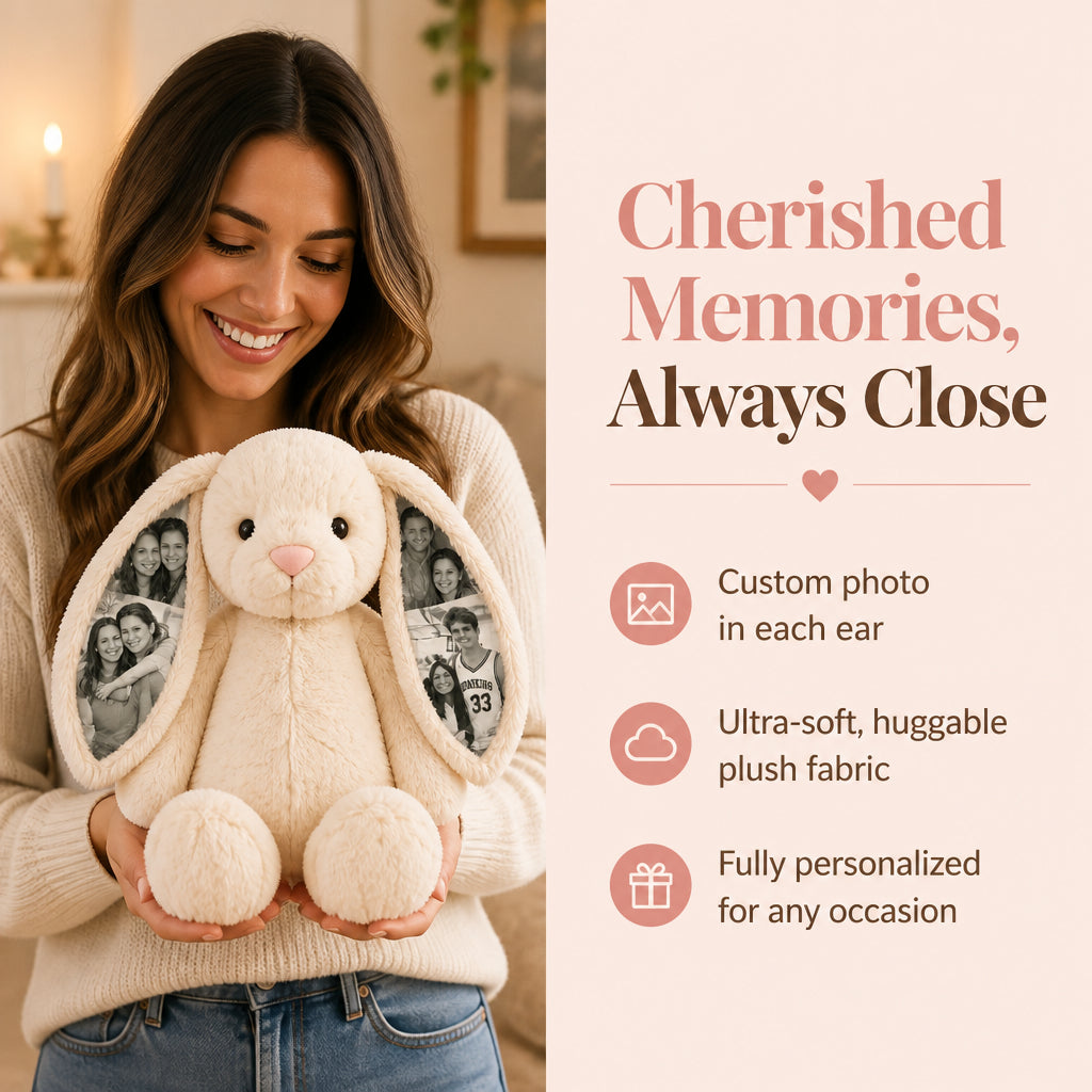 Personalized Photo Bunny Plush · Split Layout: Emotional Gift Benefit