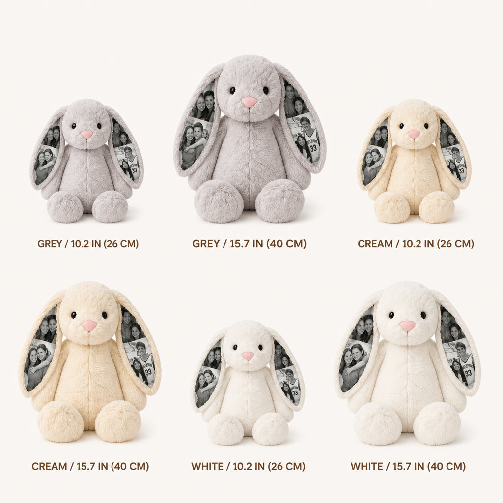 Personalized Photo Bunny Plush · All Color and Size Variants Grid