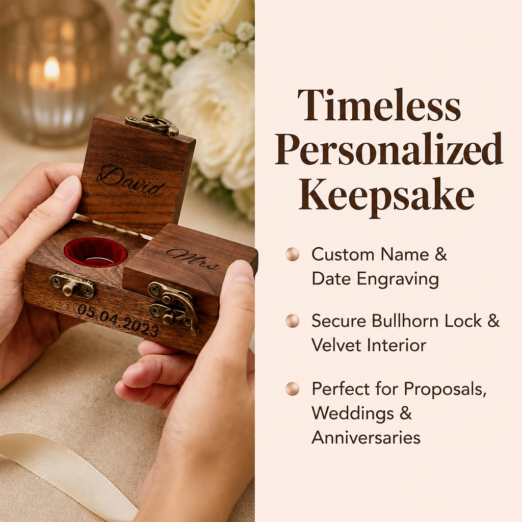 Engraved Wooden Ring Bearer Box · Split Layout: Secure & Elegant Keepsake