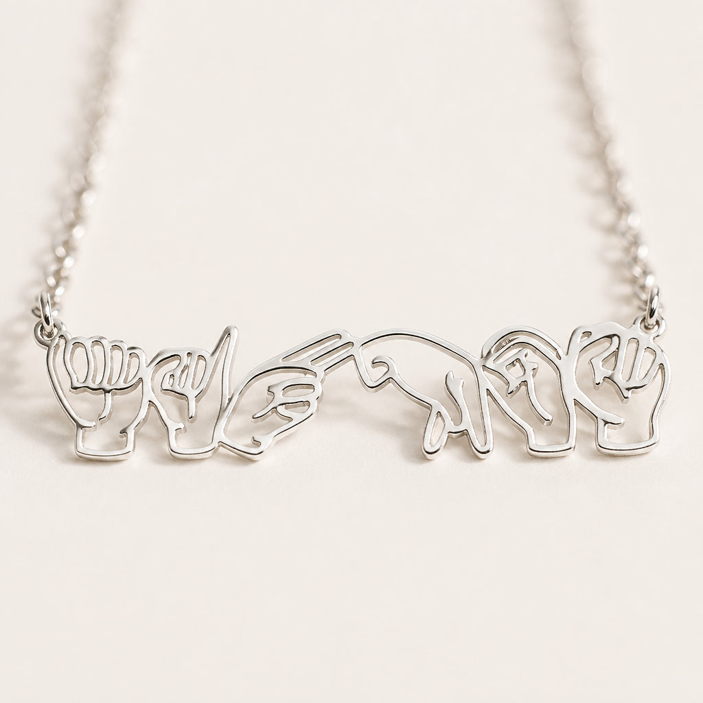 Personalized American Sign Language Necklace · Macro Close-Up of ASL Pendant Detail