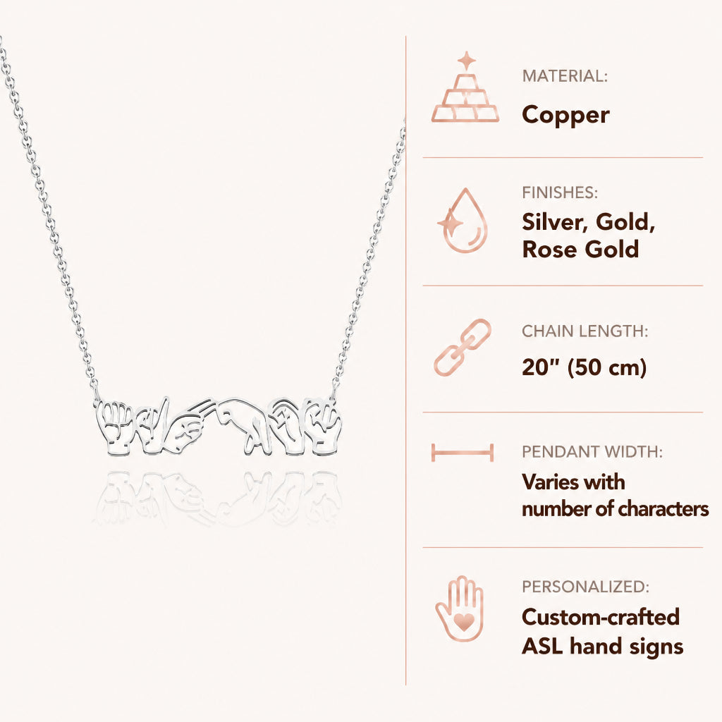 Personalized American Sign Language Necklace · Specifications Infographic: Materials & Dimensions