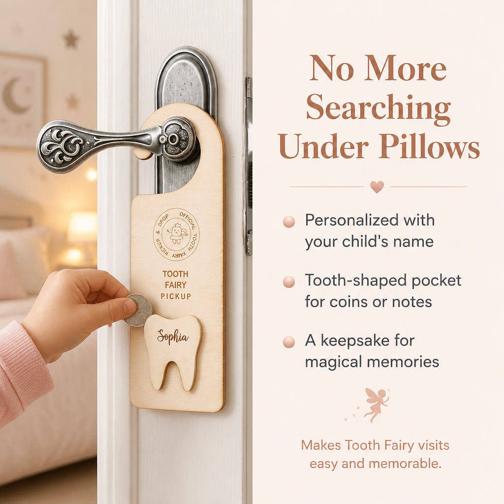 Personalized Wooden Tooth Fairy Door Hanger · Split Layout: Easy Tooth Fairy Visits
