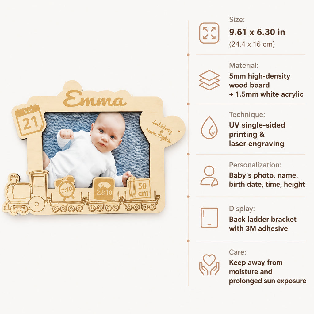 Personalized Newborn Wooden Photo Frame · Product Specifications Infographic