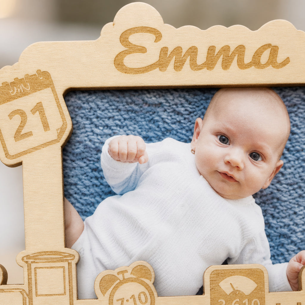 Personalized Newborn Wooden Photo Frame · Macro Close-Up of Engraving Detail