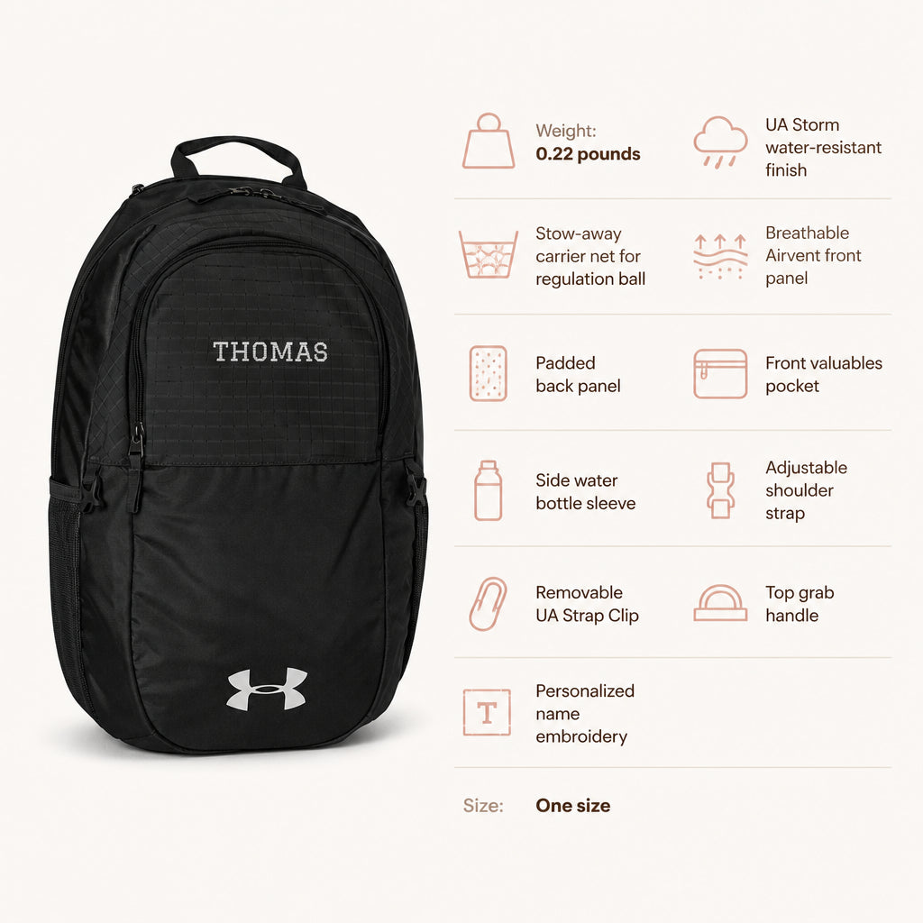 Distressed Name Embroidery Backpack Under Armour All Sport Backpack | Personalized Name · Backpack specifications infographic