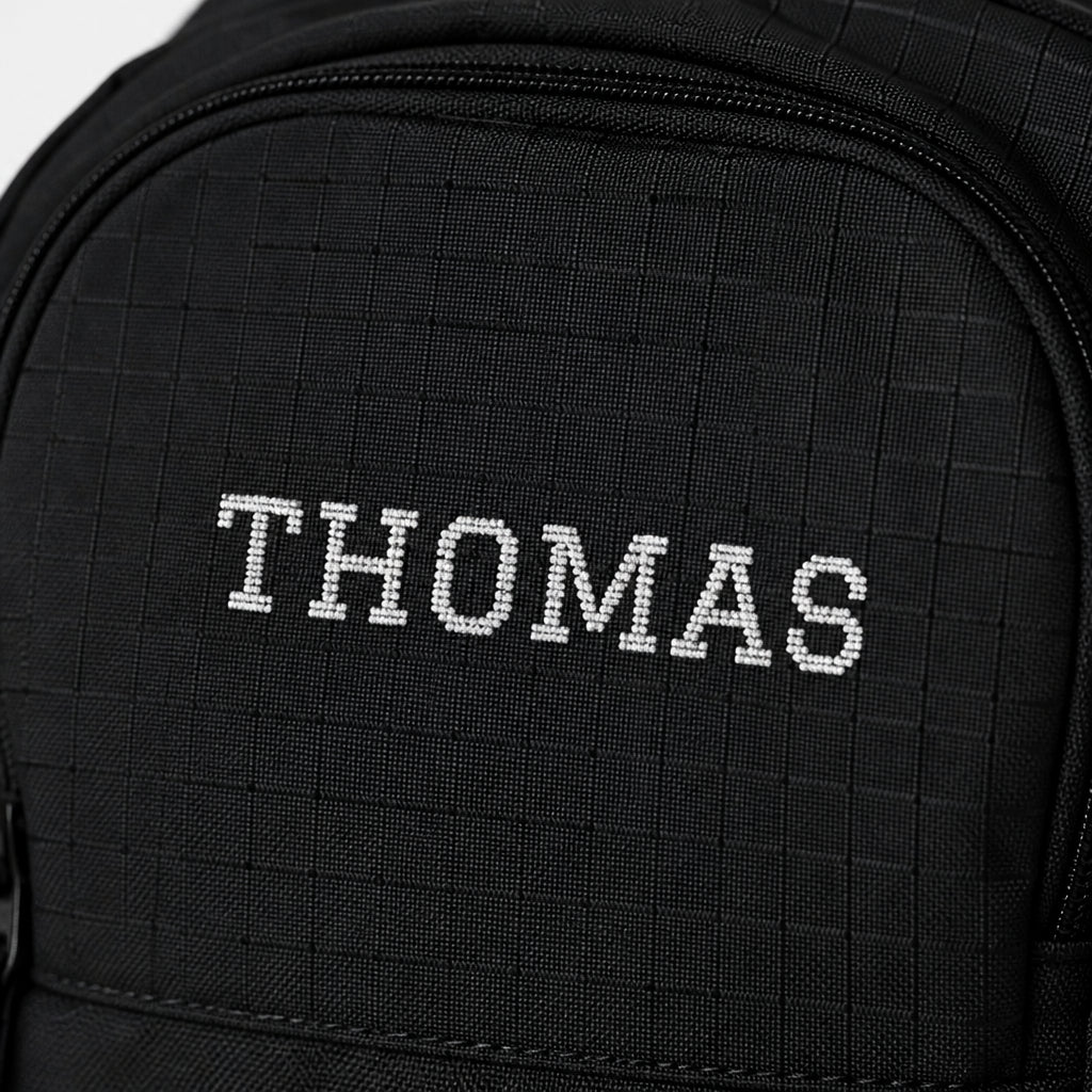 Distressed Name Embroidery Backpack Under Armour All Sport Backpack | Personalized Name · Macro close-up of embroidered name