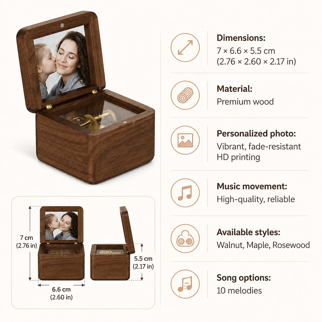 Custom Vintage Wooden Photo Music Box · Product Specifications & Dimensions