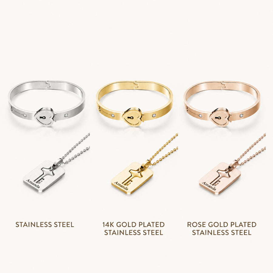 Custom Engraved Lock and Key Matching Jewelry Set