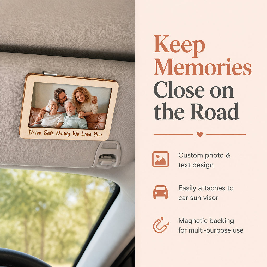 Magnetic Photo and Text Car Sun Visor Clip · Split Layout: In-Car Use & Benefits