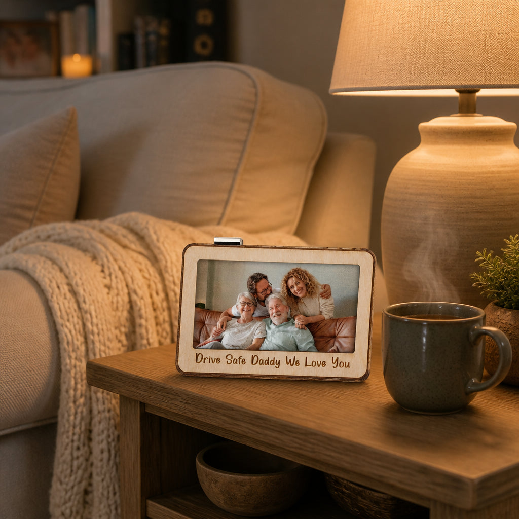 Magnetic Photo and Text Car Sun Visor Clip · Evening Living Room Lifestyle Scene