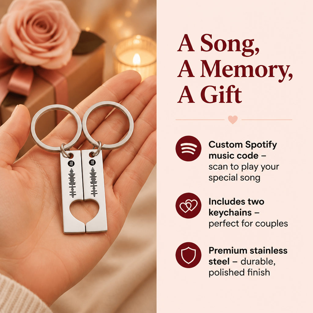 Custom Spotify Code Couples Keychain · Split Layout: Gift Benefit Callout