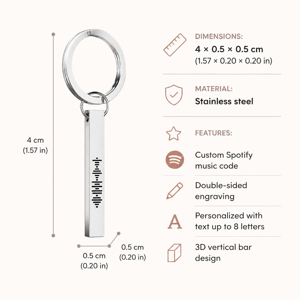 Custom Engraved Spotify Code Keychain · Key Features & Dimensions Infographic