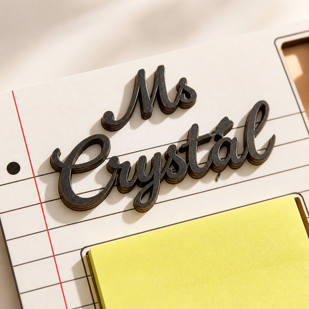 Personalized Wooden Sticky Note Holder with Pen · Macro Close-Up of Personalization Detail