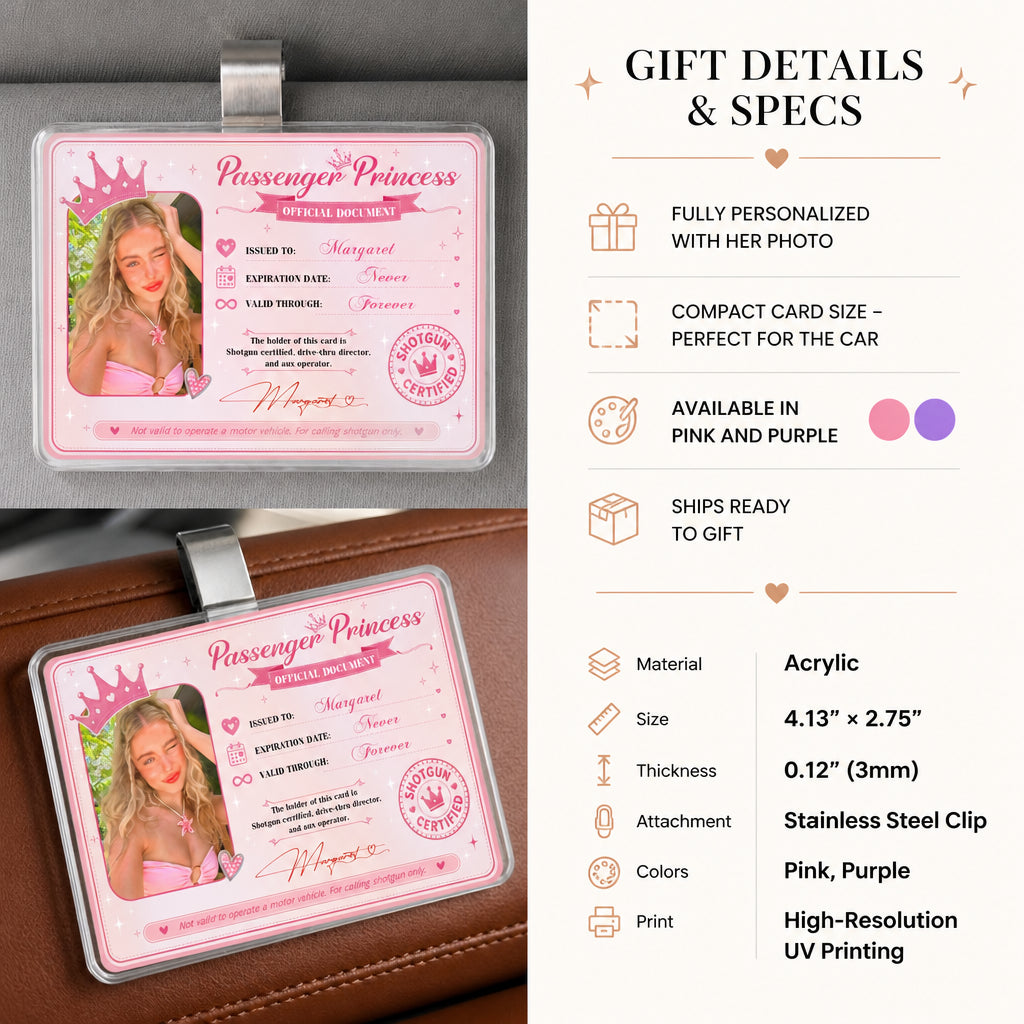 Personalized Passenger Princess Card · Gift Details & Specs Infographic