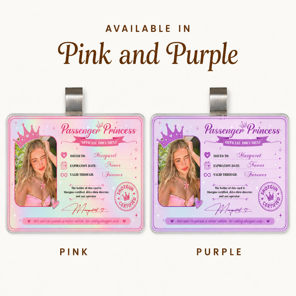 Personalized Passenger Princess Card · Color Variants Grid: Pink & Purple