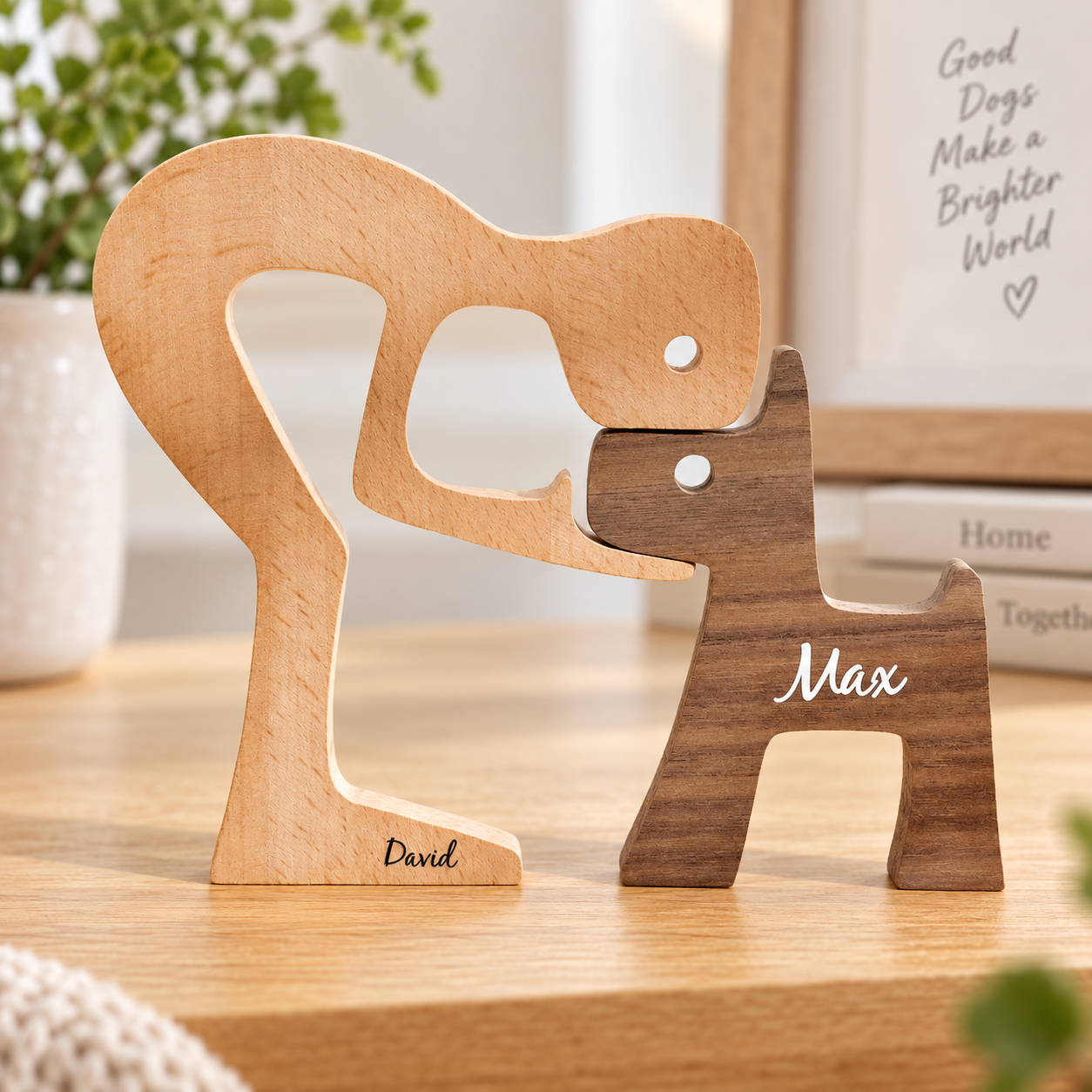 Custom Engraved Name Wood Dog & Owner Figurine