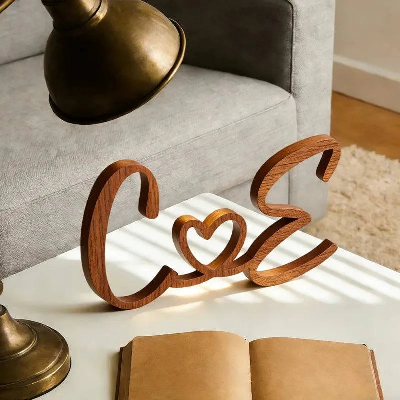 Personalized wooden couple initials sign by Puffin Lime, rustic home decor wood sign with custom engraved initials on natural wood background