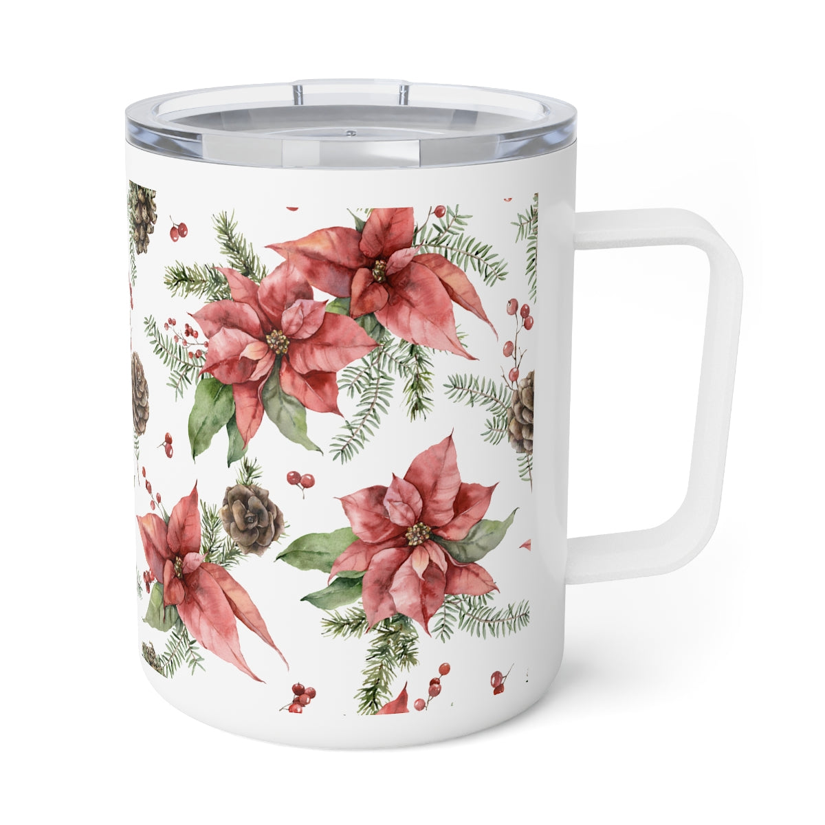 Poinsettia and Pine Cones Insulated Coffee Mug, 10oz