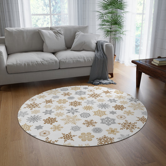 Gold and Silver Snowflakes Round Rug
