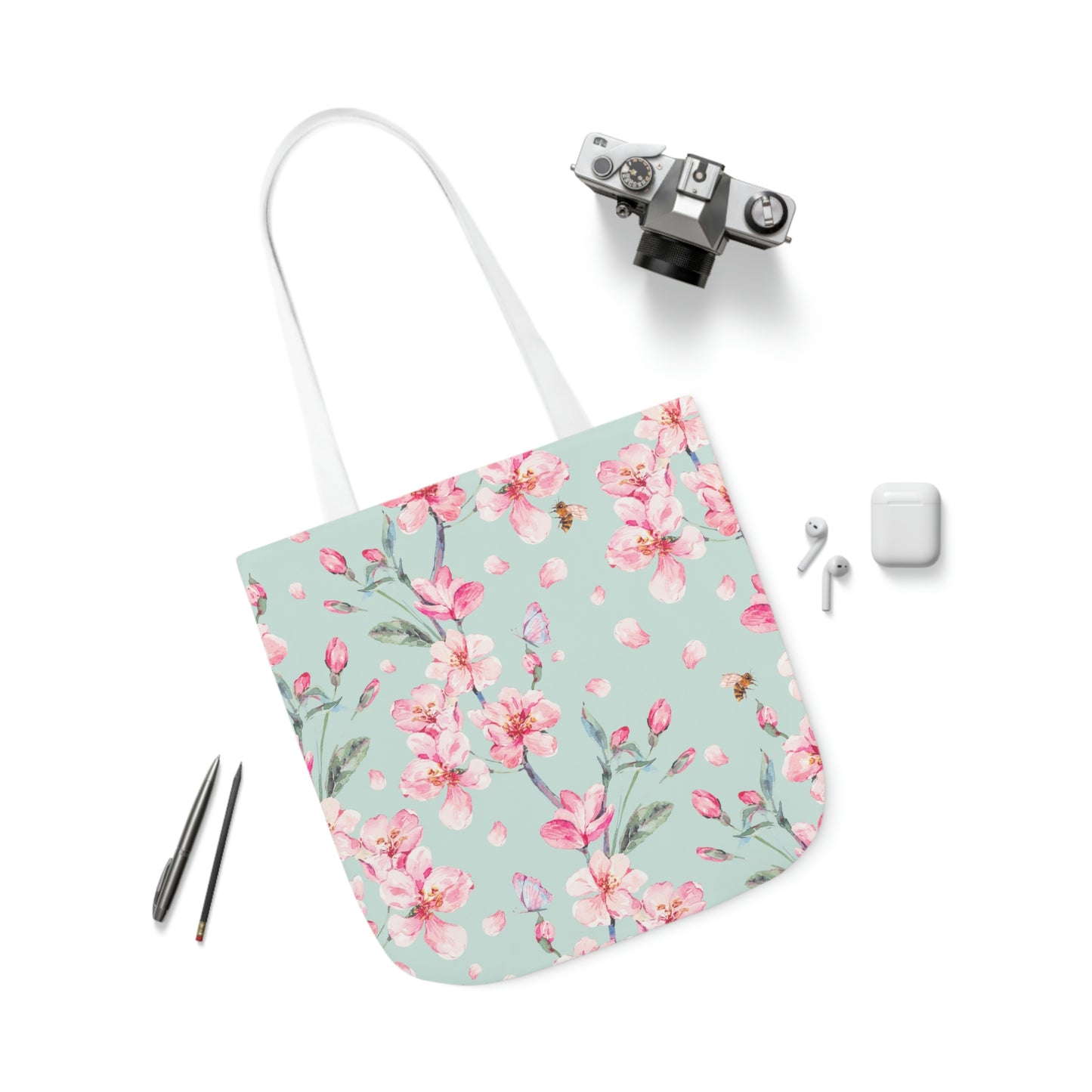 Cherry Blossoms and Honey Bees Polyester Canvas Tote Bag